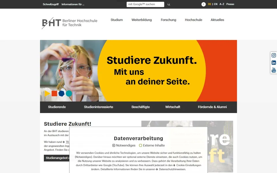 Berliner Hochschule für Technik – Ansicht der Anbieter-Website