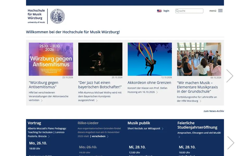 Hochschule für Musik Würzburg – Ansicht der Anbieter-Website