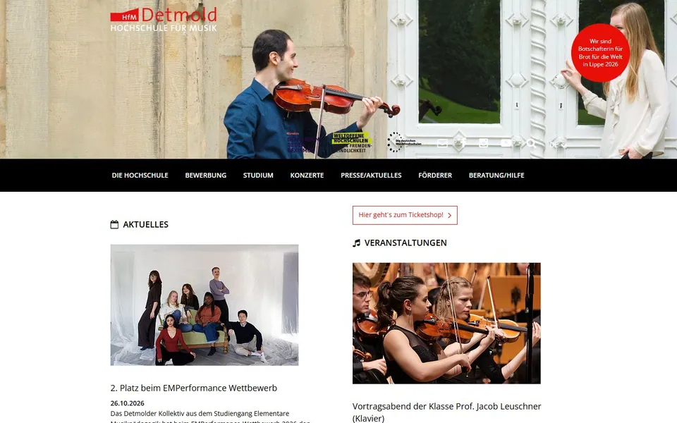 Hochschule für Musik Detmold – Ansicht der Anbieter-Website