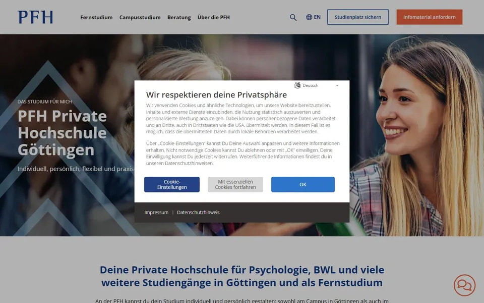 PFH-Private Hochschule Göttingen – Ansicht der Anbieter-Website