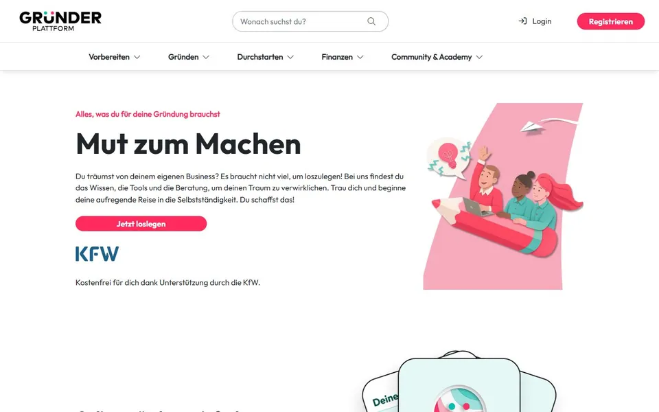 Gründerplattform – Ansicht der Anbieter-Website