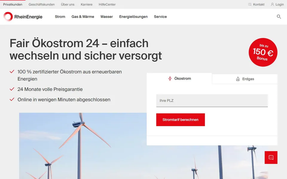 RheinEnergie – Ansicht der Anbieter-Website