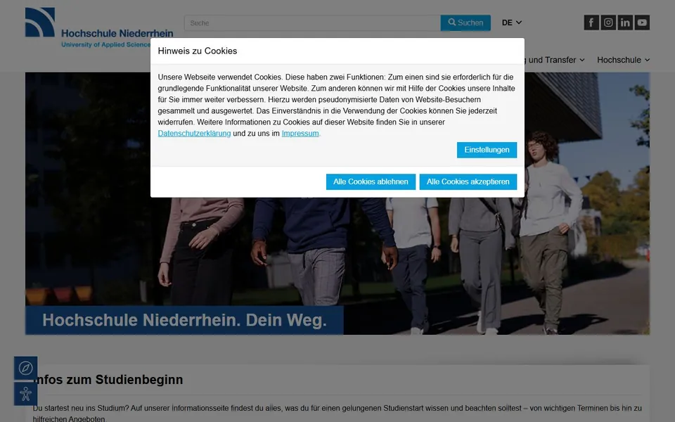Hochschule Niederrhein – Ansicht der Anbieter-Website