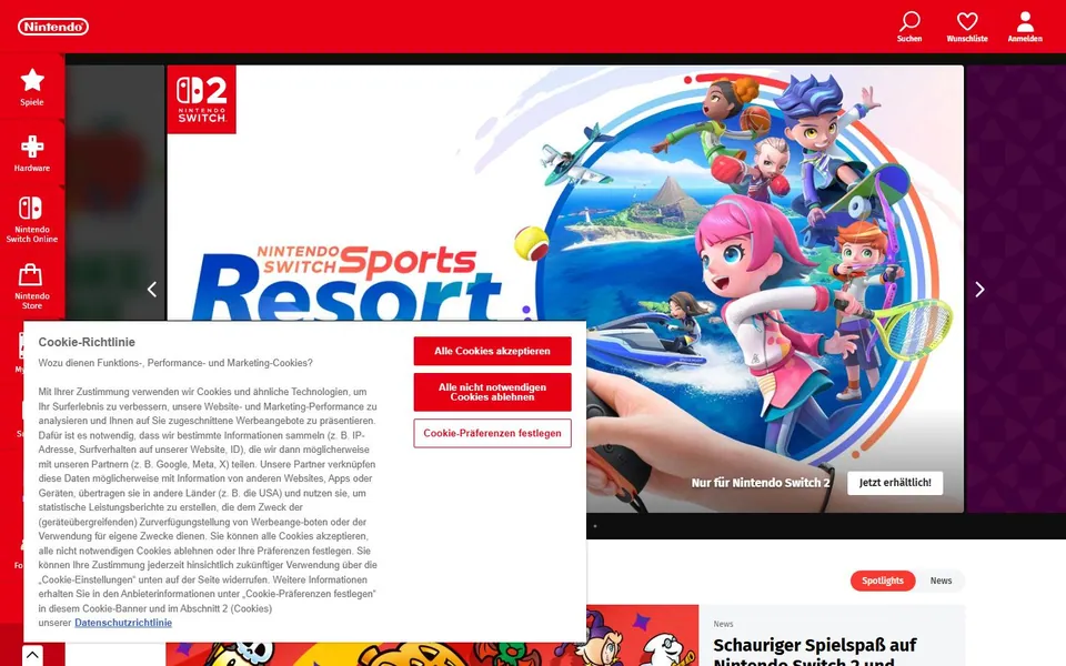 Nintendo – Ansicht der Anbieter-Website