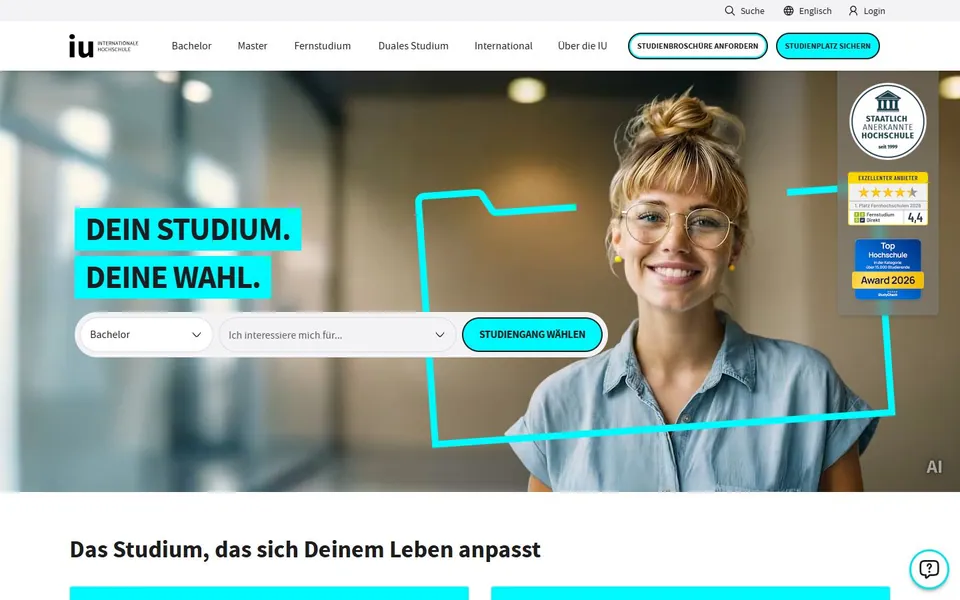 IU Internationale Hochschule – Ansicht der Anbieter-Website