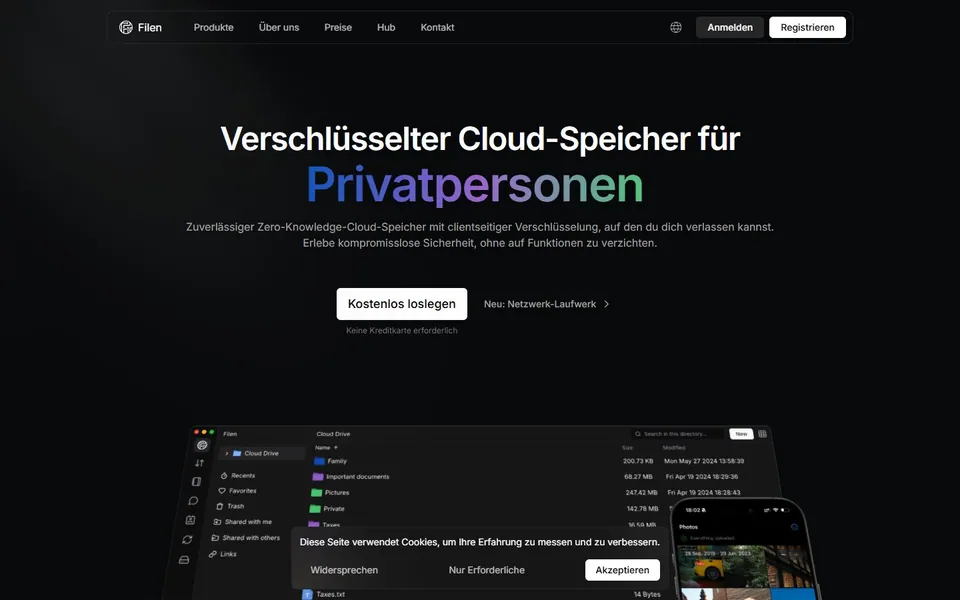 Filen – Ansicht der Anbieter-Website