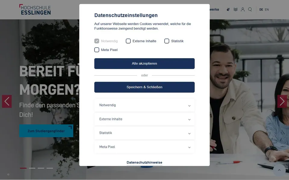 Hochschule Esslingen - Technik, Wirtschaft, Soziales – Ansicht der Anbieter-Website