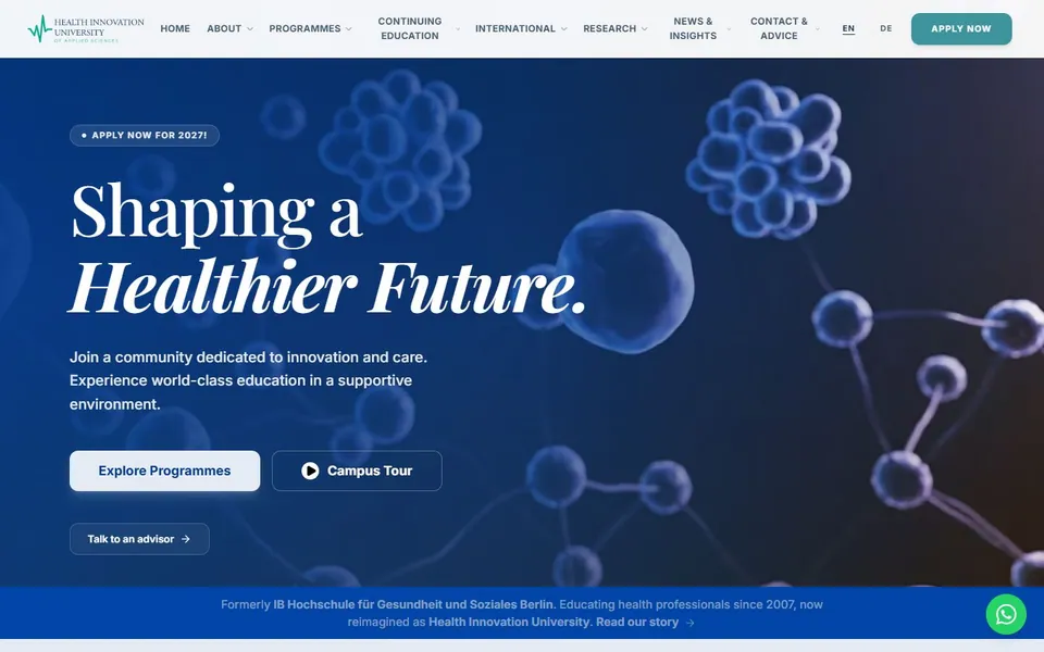 Health Innovation University of Applied Sciences – Ansicht der Anbieter-Website