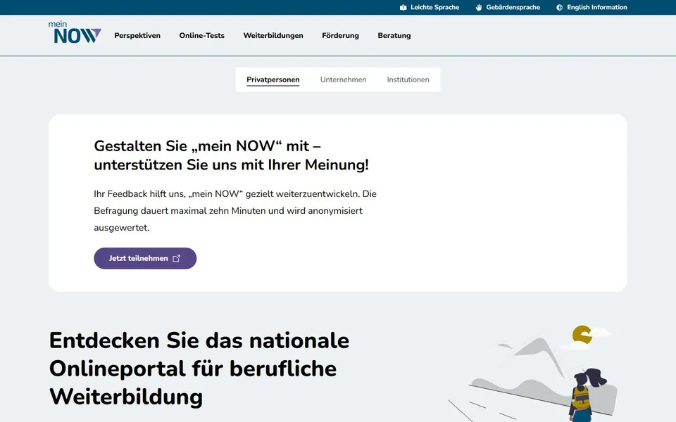 mein NOW – Ansicht der Anbieter-Website