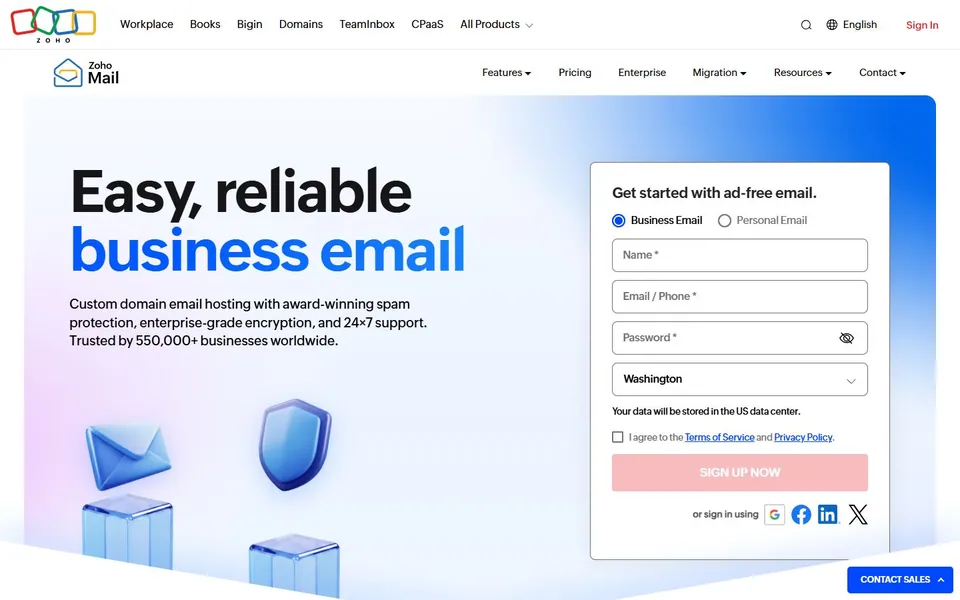 Zoho Mail – Ansicht der Anbieter-Website