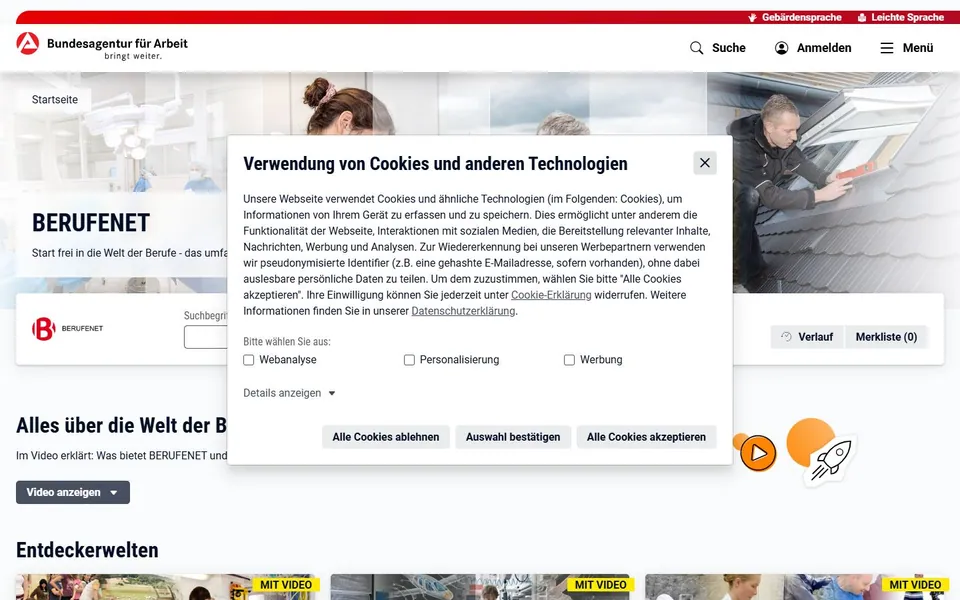BERUFENET – Ansicht der Anbieter-Website