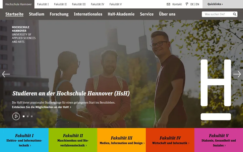 Hochschule Hannover – Ansicht der Anbieter-Website