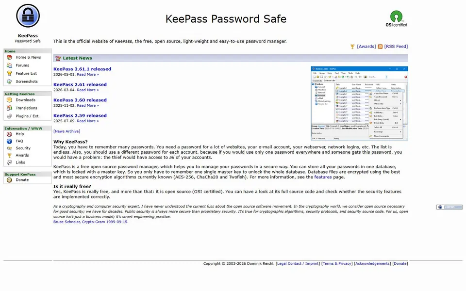 KeePass – Ansicht der Anbieter-Website