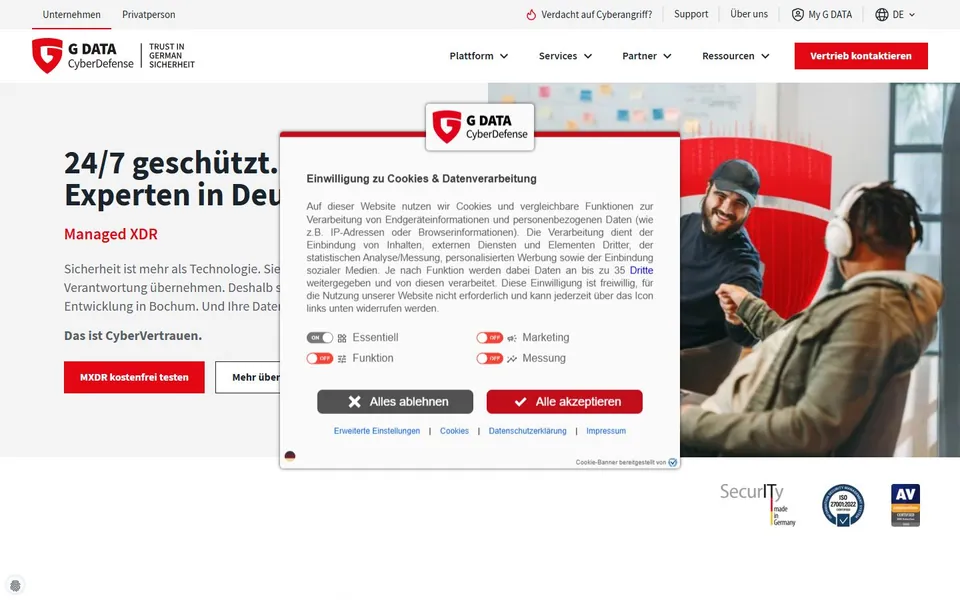 G DATA – Ansicht der Anbieter-Website
