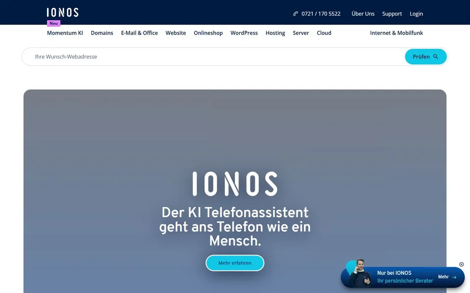IONOS – Ansicht der Anbieter-Website