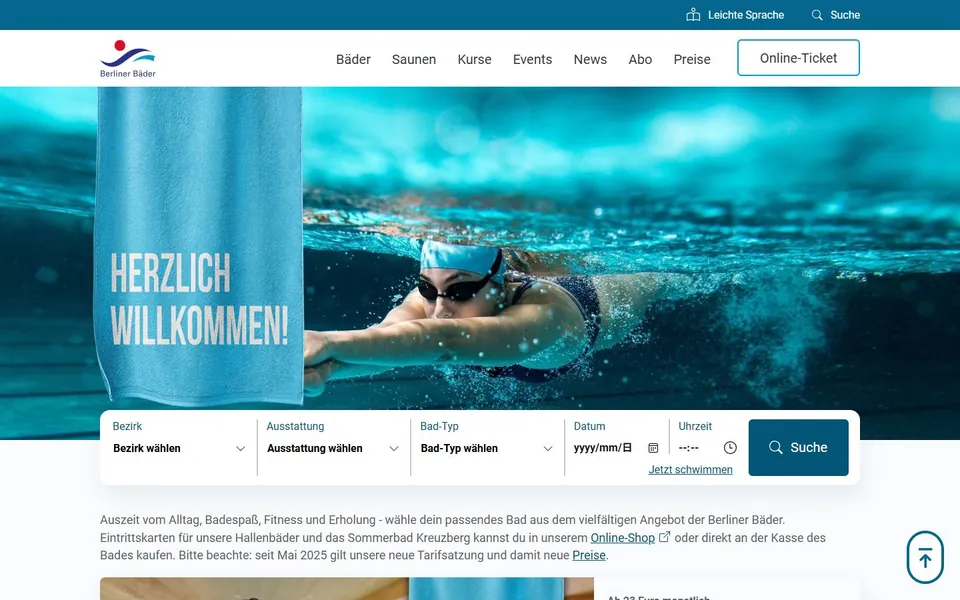Berliner Bäder-Betriebe – Ansicht der Anbieter-Website