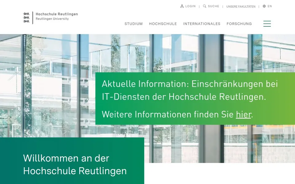 Hochschule Reutlingen - Technik, Wirtschaft, Informatik, Design – Ansicht der Anbieter-Website