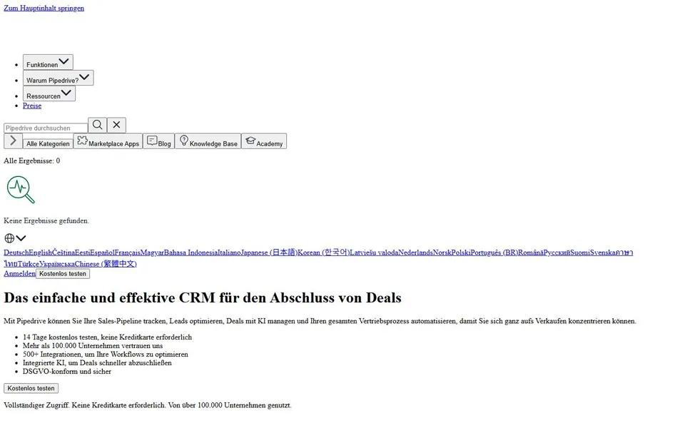 Pipedrive – Ansicht der Anbieter-Website