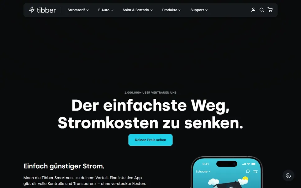 Tibber – Ansicht der Anbieter-Website