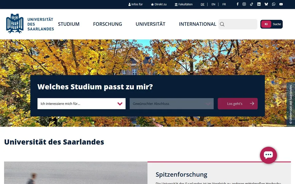 Universität des Saarlandes – Ansicht der Anbieter-Website
