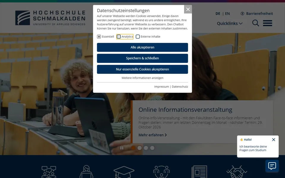 Hochschule Schmalkalden – Ansicht der Anbieter-Website