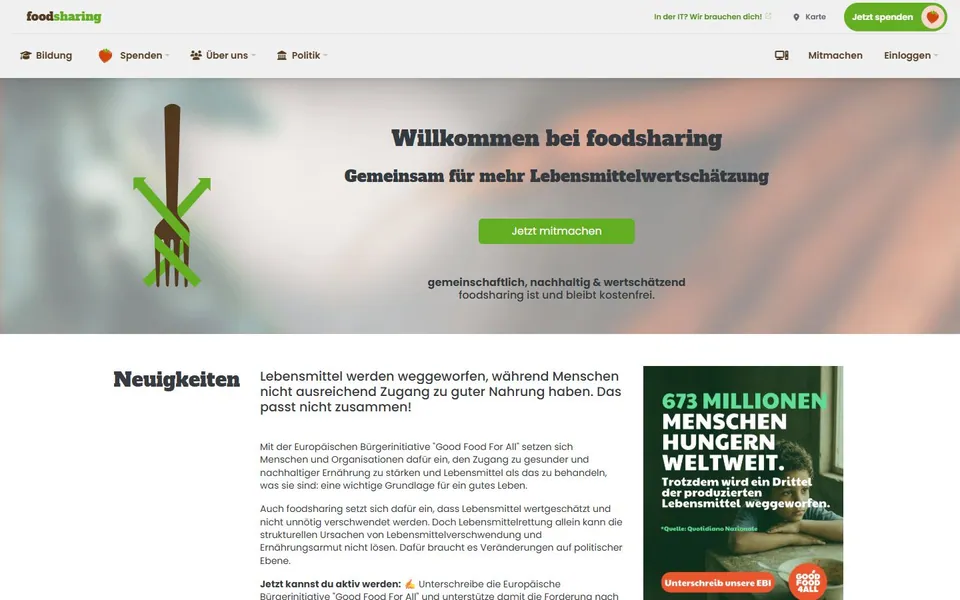 foodsharing – Ansicht der Anbieter-Website