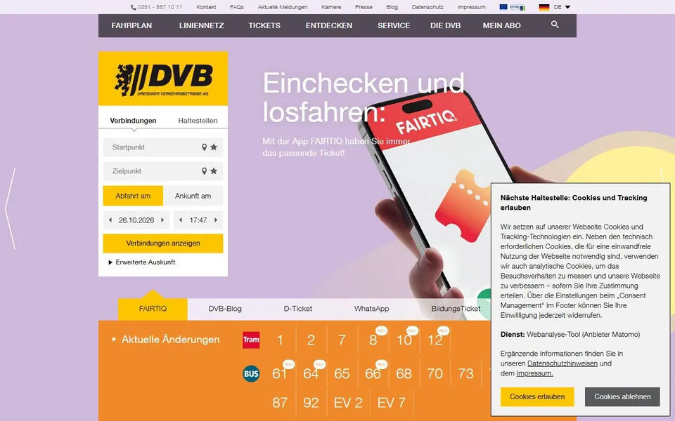 DVB – Ansicht der Anbieter-Website