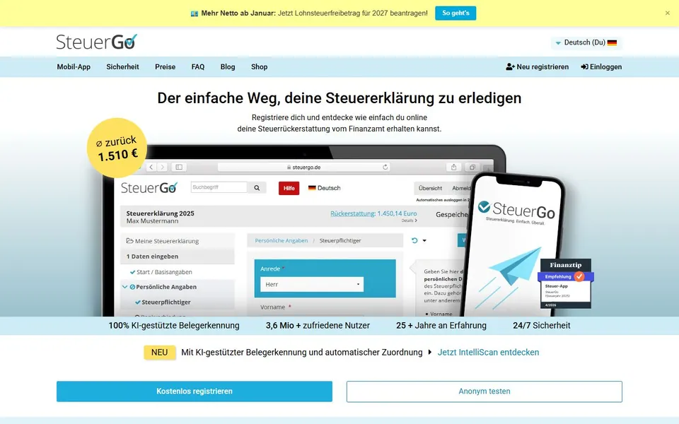 SteuerGo – Ansicht der Anbieter-Website