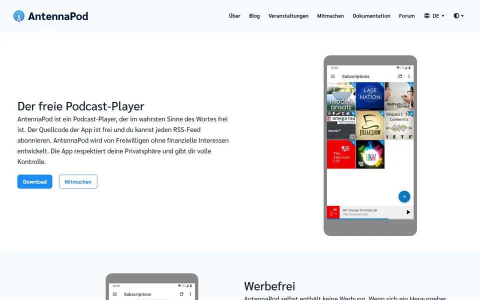 AntennaPod – Ansicht der Anbieter-Website