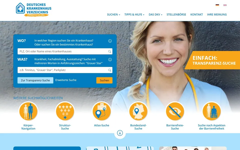 Deutsches Krankenhaus Verzeichnis – Ansicht der Anbieter-Website