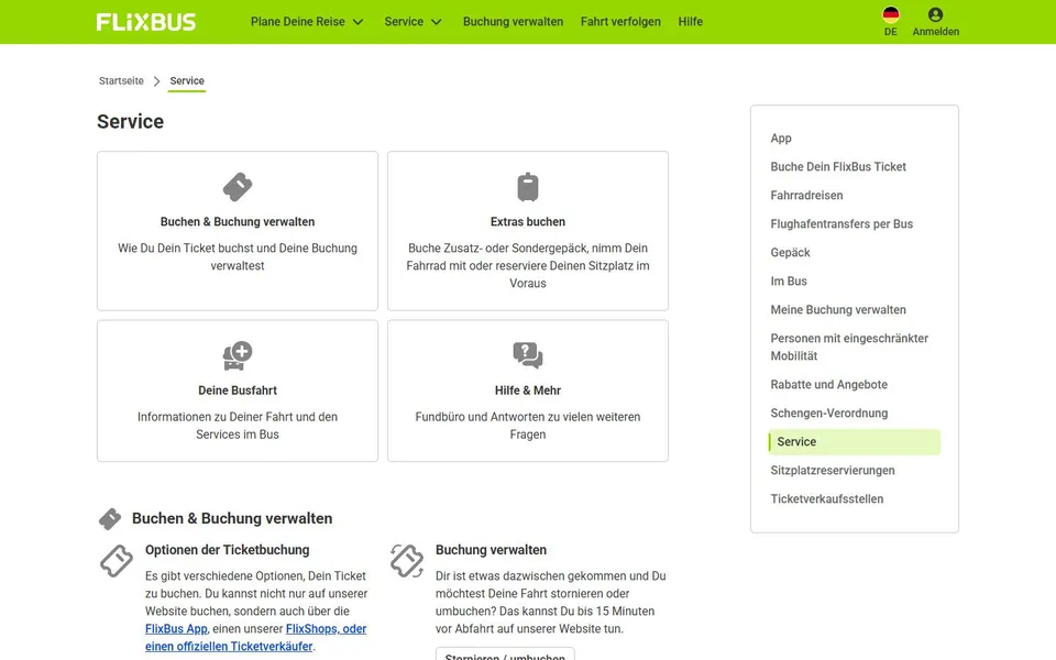 FlixBus – Ansicht der Anbieter-Website