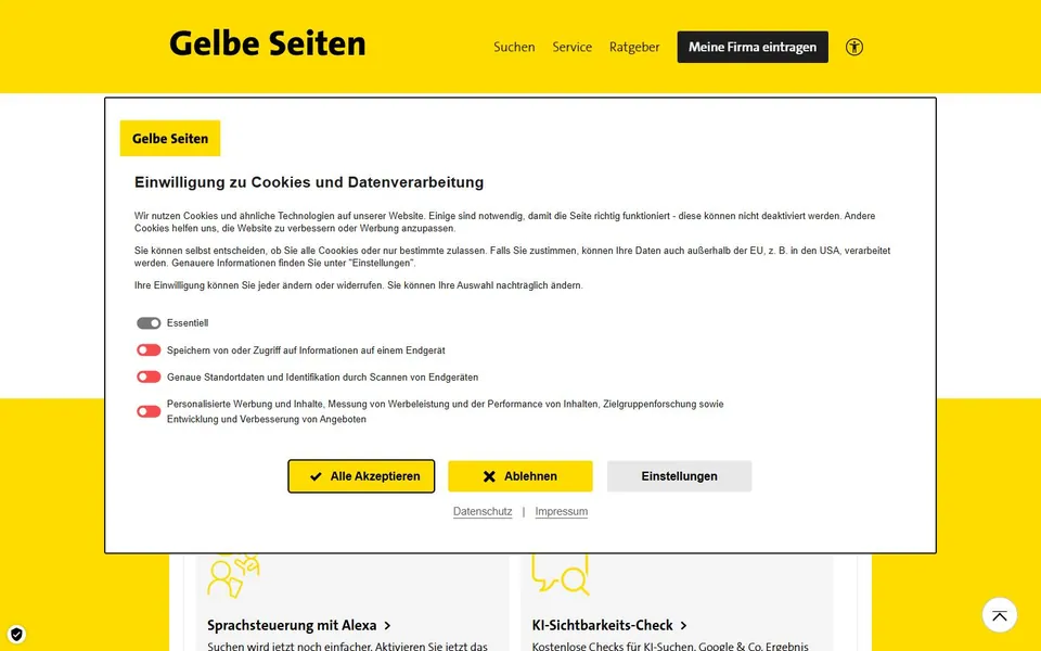Gelbe Seiten – Ansicht der Anbieter-Website