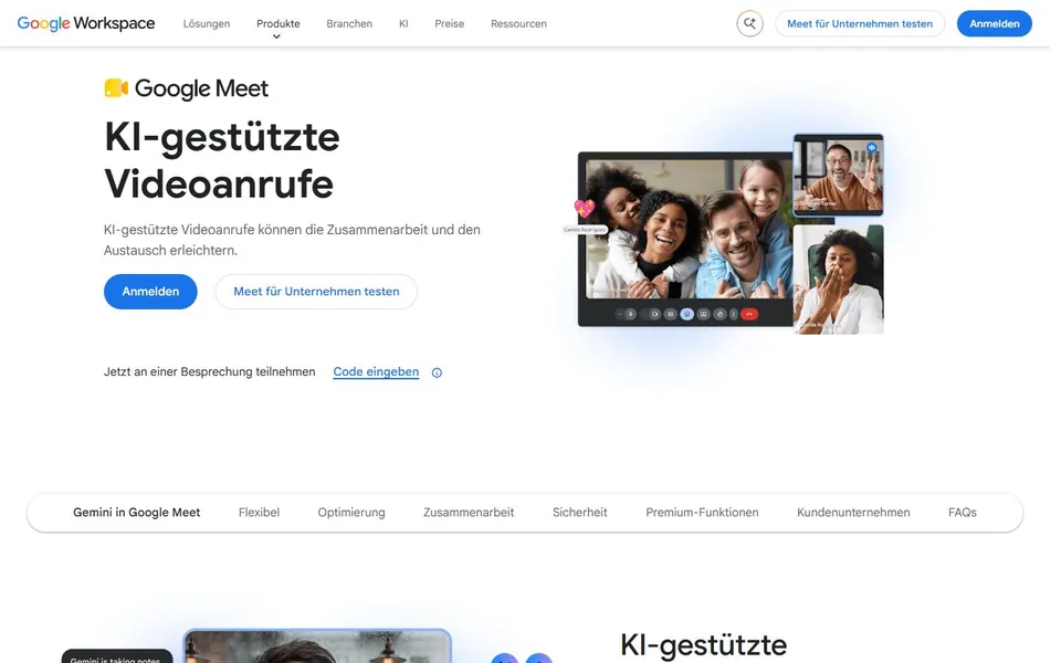 Google Meet – Ansicht der Anbieter-Website