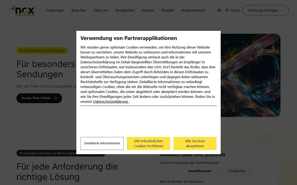 nox NachtExpress – Ansicht der Anbieter-Website