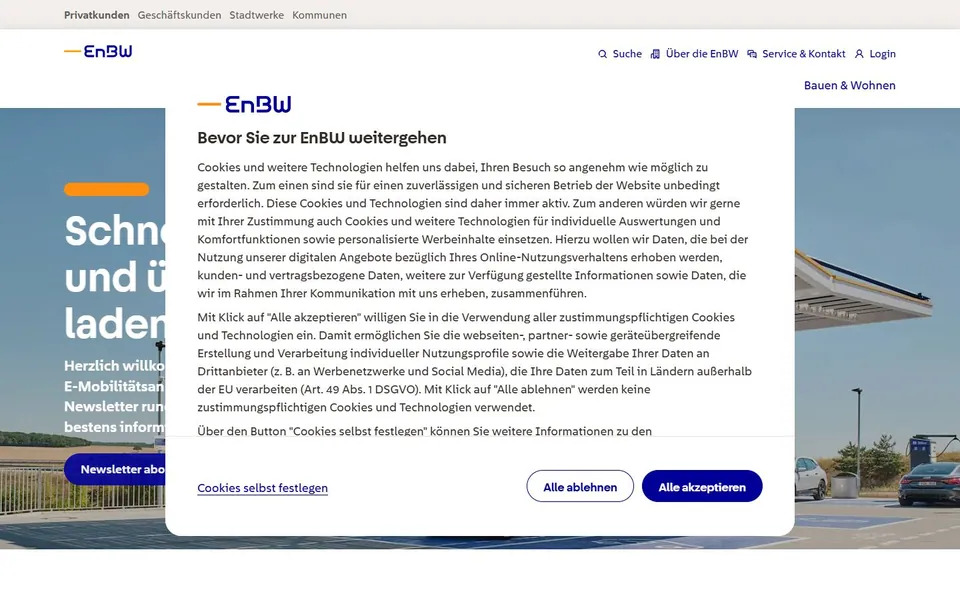 EnBW mobility+ – Ansicht der Anbieter-Website