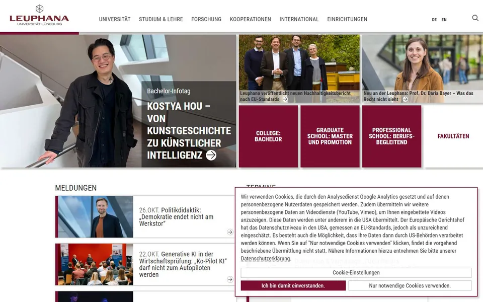 Leuphana Universität Lüneburg – Ansicht der Anbieter-Website