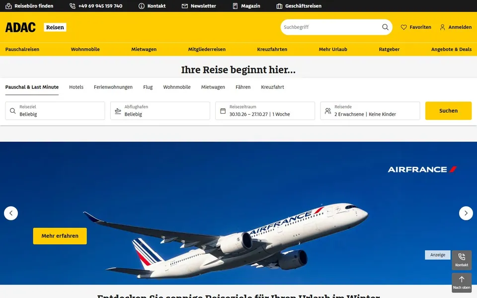 ADAC Reisen – Ansicht der Anbieter-Website