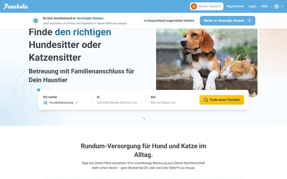 Pawshake – Ansicht der Anbieter-Website