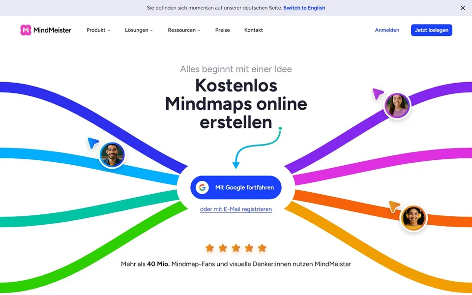 MindMeister – Ansicht der Anbieter-Website