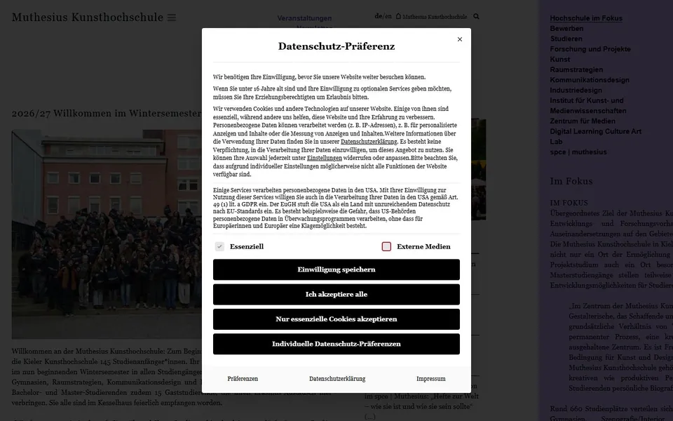 Muthesius Kunsthochschule – Ansicht der Anbieter-Website