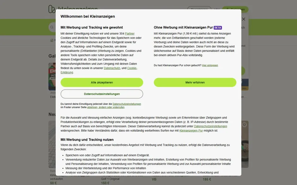 Kleinanzeigen – Ansicht der Anbieter-Website