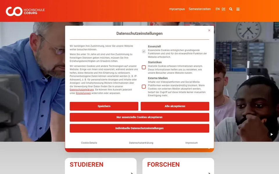Hochschule für angewandte Wissenschaften Coburg – Ansicht der Anbieter-Website