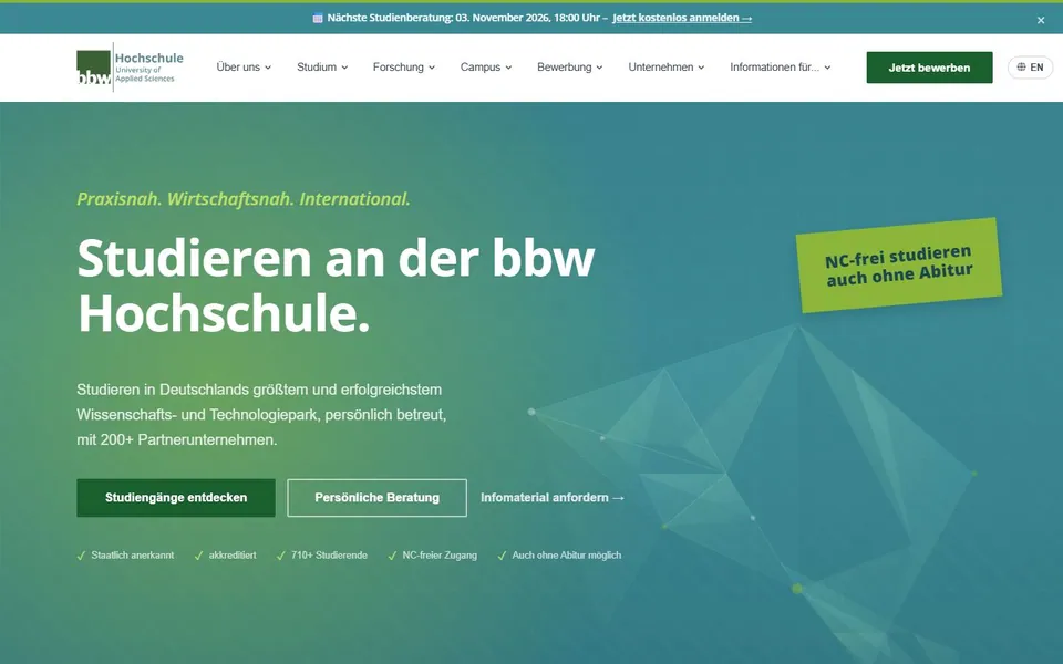 bbw Hochschule – Ansicht der Anbieter-Website