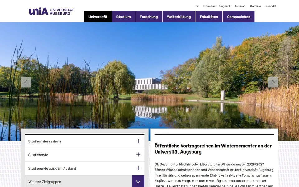 Universität Augsburg – Ansicht der Anbieter-Website