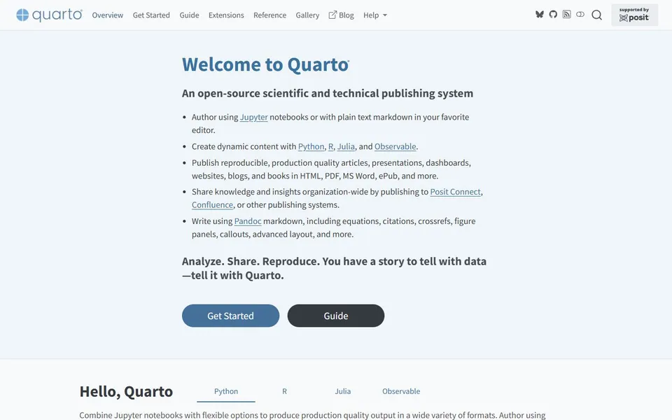 Quarto – Ansicht der Anbieter-Website
