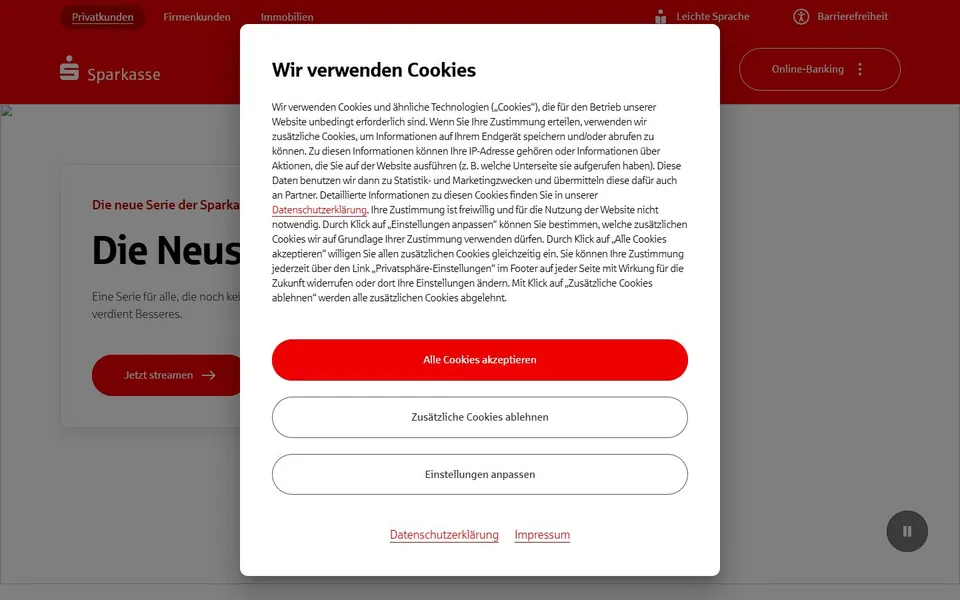 Sparkasse – Ansicht der Anbieter-Website