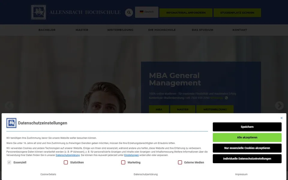 Allensbach Hochschule – Ansicht der Anbieter-Website