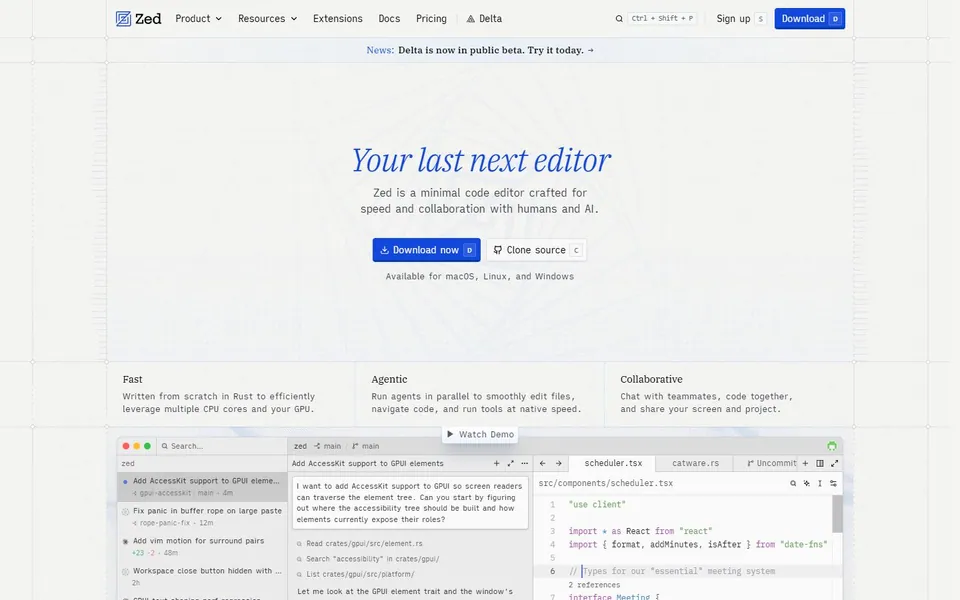 Zed – Ansicht der Anbieter-Website