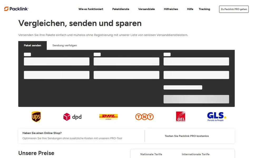 Packlink – Ansicht der Anbieter-Website