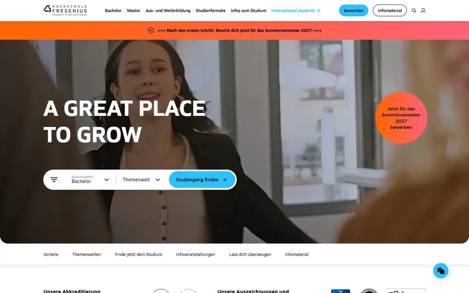 Hochschule Fresenius – Ansicht der Anbieter-Website